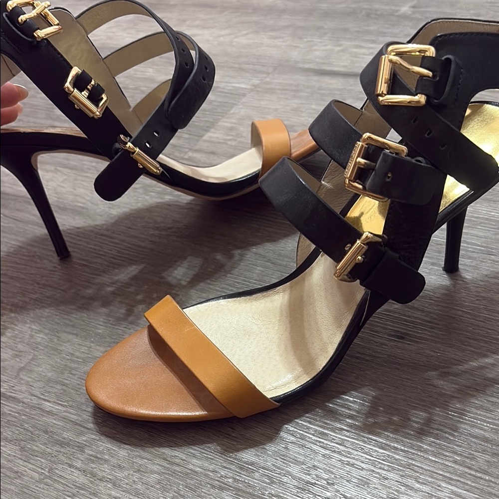 Michael Kors Black and Tan Heels with Gold Buckle
